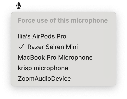 The MicLocker menu bar popover, listing the available microphones with the locked one selected